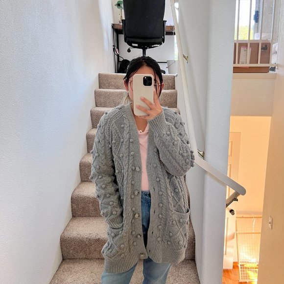 Aritzia | Sweaters | New Aritzia Wilfred Alps Merino Wool Cable Knit Pom Pom Cardigan In Gray S 
